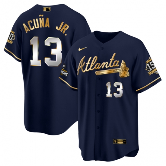 Men Atlanta Braves 13 Ronald Acuna Jr 2021 Navy Gold World Series Champions With 150th Anniversary Patch Cool Base Stitched Jersey Men Atlanta Braves 13 Ronald Acuna Jr 2021 Navy Gold World Series Champions With 150th Anniversary Patch Cool Base Stitched Jersey