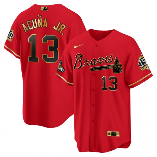 Men Atlanta Braves 13 Ronald Acuna Jr 2021 Red Gold World Series Champions With 150th Anniversary Patch Cool Base Stitched Jersey Men Atlanta Braves 13 Ronald Acuna Jr 2021 Red Gold World Series Champions With 150th Anniversary Patch Cool Base Stitched Jersey
