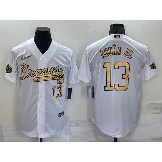 Men Atlanta Braves 13 Ronald Acuna Jr 2022 All Star White Cool Base Stitched Baseball Jersey Men Atlanta Braves 13 Ronald Acuna Jr 2022 All Star White Cool Base Stitched Baseball Jersey