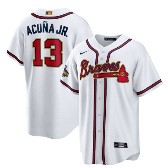 Men Atlanta Braves 13 Ronald Acuna Jr 2022 White Gold World Series Champions Program Cool Base Stitched Baseball jersey Men Atlanta Braves 13 Ronald Acuna Jr 2022 White Gold World Series Champions Program Cool Base Stitched Baseball jersey