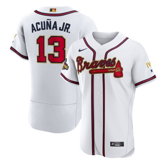 Men Atlanta Braves 13 Ronald Acuna Jr 2022 White Gold World Series Champions Program Flex Base Stitched Baseball jersey Men Atlanta Braves 13 Ronald Acuna Jr 2022 White Gold World Series Champions Program Flex Base Stitched Baseball jersey