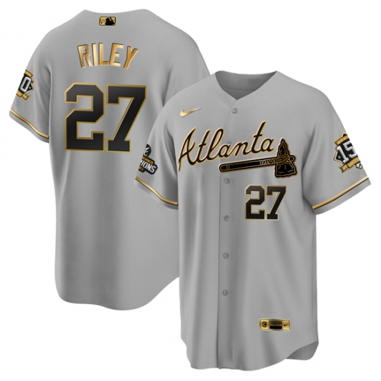Men Atlanta Braves 27 Austin Riley 2021 Grey Gold World Series Champions With 150th Anniversary Patch Cool Base Stitched Jersey Men Atlanta Braves 27 Austin Riley 2021 Grey Gold World Series Champions With 150th Anniversary Patch Cool Base Stitched Jersey