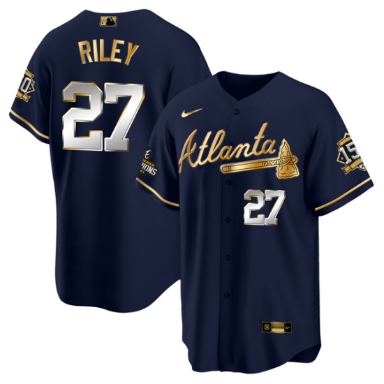 Men Atlanta Braves 27 Austin Riley 2021 Navy Gold World Series Champions With 150th Anniversary Patch Cool Base Stitched Jersey Men Atlanta Braves 27 Austin Riley 2021 Navy Gold World Series Champions With 150th Anniversary Patch Cool Base Stitched Jersey