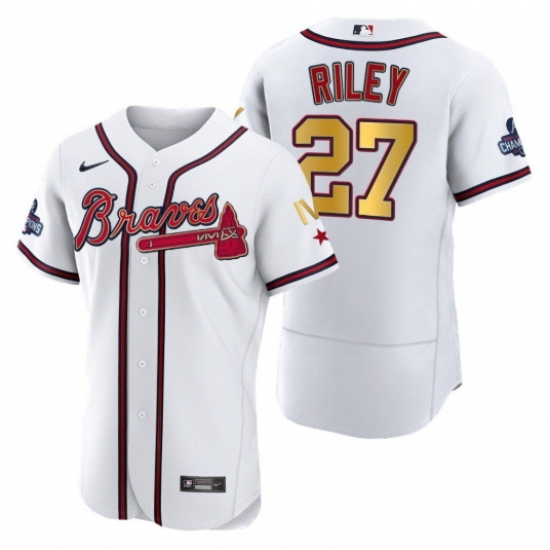 Men Atlanta Braves 27 Austin Riley White Gold World Series Champions Flex Base Stitched Jersey Men Atlanta Braves 27 Austin Riley White Gold World Series Champions Flex Base Stitched Jersey