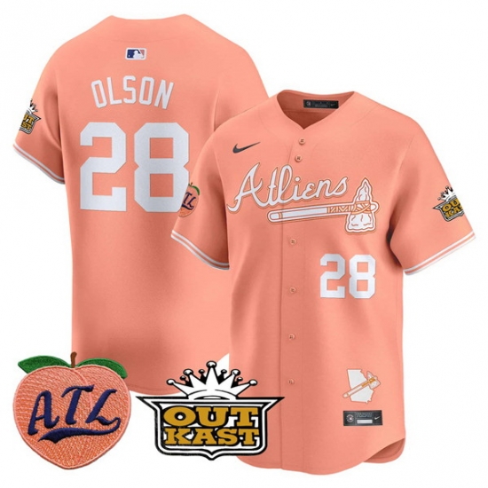Men Atlanta Braves 28 Matt Olson Peach 2024 Atliens 26 Peach With Outkast Patch Vapor Limited Stitched Baseball Jersey Men Atlanta Braves 28 Matt Olson Peach 2024 Atliens 26 Peach With Outkast Patch Vapor Limited Stitched Baseball Jersey