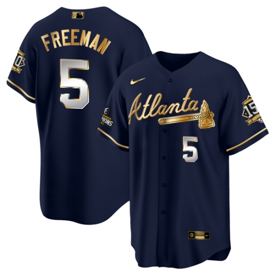 Men Atlanta Braves 5 Freddie Freeman 2021 Navy Gold World Series Champions With 150th Anniversary Patch Cool Base Stitched Jersey Men Atlanta Braves 5 Freddie Freeman 2021 Navy Gold World Series Champions With 150th Anniversary Patch Cool Base Stitched Jersey