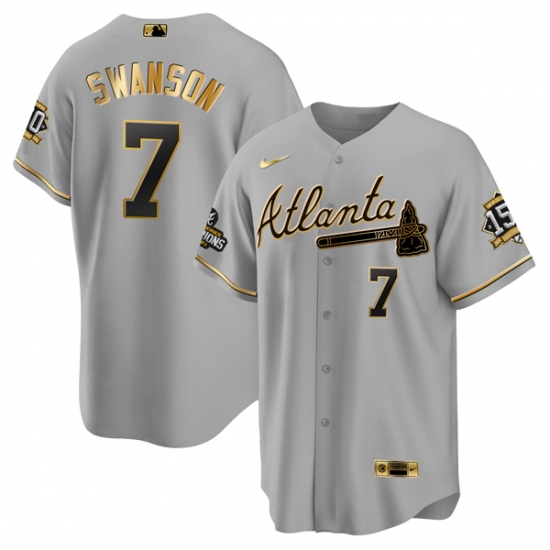 Men Atlanta Braves 7 Dansby Swanson 2021 Grey Gold World Series Champions With 150th Anniversary Patch Cool Base Stitched Jersey Men Atlanta Braves 7 Dansby Swanson 2021 Grey Gold World Series Champions With 150th Anniversary Patch Cool Base Stitched Jersey
