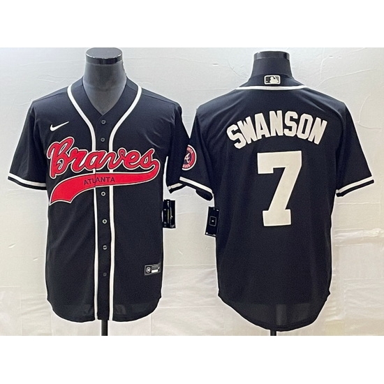 Men Atlanta Braves 7 Dansby Swanson Black Cool Base Stitched Baseball Jersey Men Atlanta Braves 7 Dansby Swanson Black Cool Base Stitched Baseball Jersey