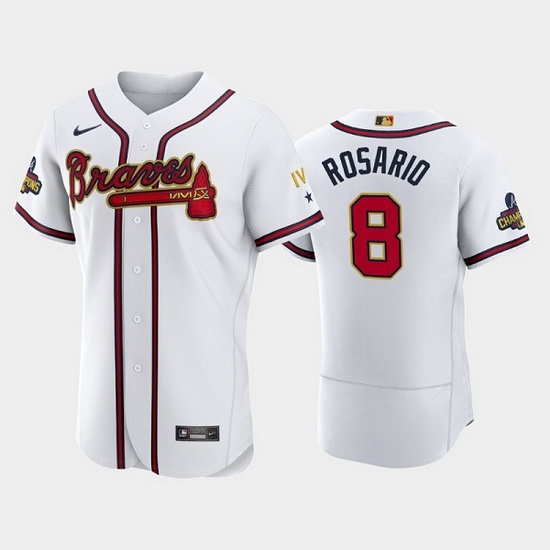 Men Atlanta Braves 8 Eddie Rosario 2022 White Gold World Series Champions Program Flex Base Stitched Baseball jersey Men Atlanta Braves 8 Eddie Rosario 2022 White Gold World Series Champions Program Flex Base Stitched Baseball jersey