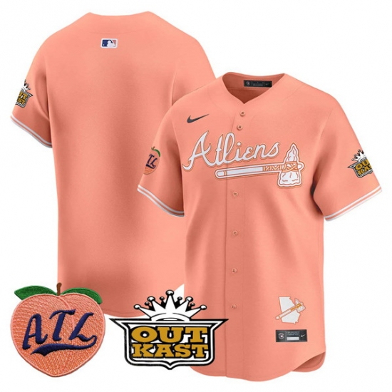 Men Atlanta Braves Blank Peach 2024 Atliens 26 Peach With Outkast Patch Vapor Limited Stitched Baseball Jersey Men Atlanta Braves Blank Peach 2024 Atliens 26 Peach With Outkast Patch Vapor Limited Stitched Baseball Jersey