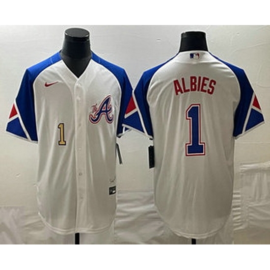Men's Atlanta Braves #1 Ozzie Albies Number White 2023 City Connect Cool Base Stitched Jersey Men's Atlanta Braves #1 Ozzie Albies Number White 2023 City Connect Cool Base Stitched Jersey