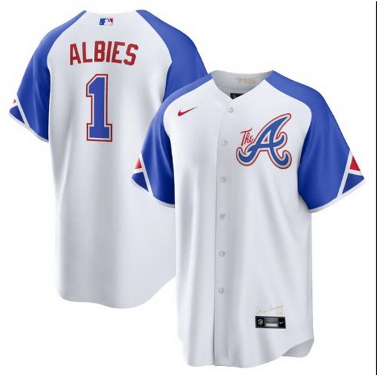 Men's Atlanta Braves #1 Ozzie Albies White 2023 City Connect Cool Base Stitched Baseball Jersey Men's Atlanta Braves #1 Ozzie Albies White 2023 City Connect Cool Base Stitched Baseball Jersey