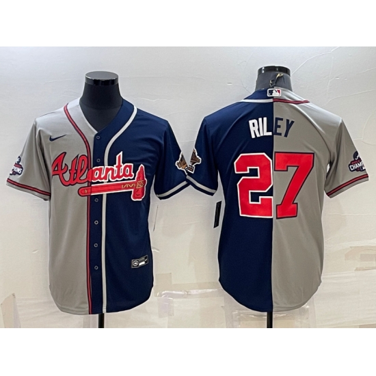 Men's Atlanta Braves #27 Austin Riley Gray Navy Two Tone Split Cool Base Stitched Baseball Jersey Men's Atlanta Braves #27 Austin Riley Gray Navy Two Tone Split Cool Base Stitched Baseball Jersey