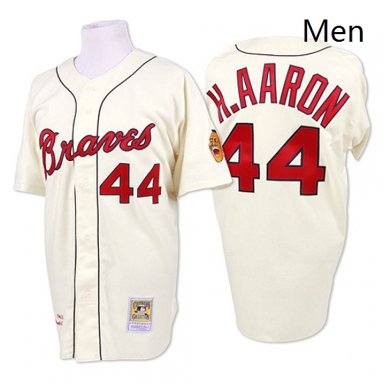 Mens Mitchell and Ness 1963 Atlanta Braves 44 Hank Aaron Replica Cream Throwback MLB Jersey Mens Mitchell and Ness 1963 Atlanta Braves 44 Hank Aaron Replica Cream Throwback MLB Jersey