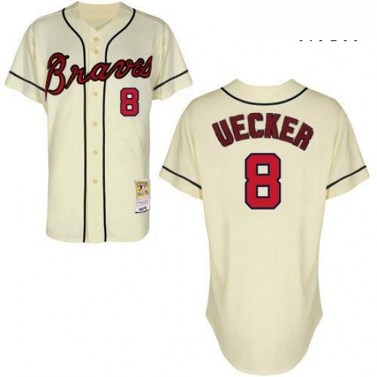 Mens Mitchell and Ness Atlanta Braves 8 Bob Uecker Replica Cream Throwback MLB Jersey Mens Mitchell and Ness Atlanta Braves 8 Bob Uecker Replica Cream Throwback MLB Jersey