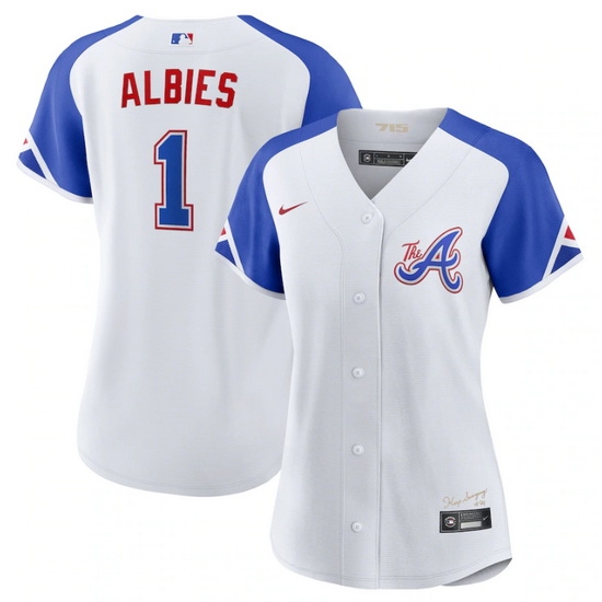 Women Atlanta Braves 1 Ozzie Albies White 2023 City Connect Stitched Baseball Jersey Women Atlanta Braves 1 Ozzie Albies White 2023 City Connect Stitched Baseball Jersey