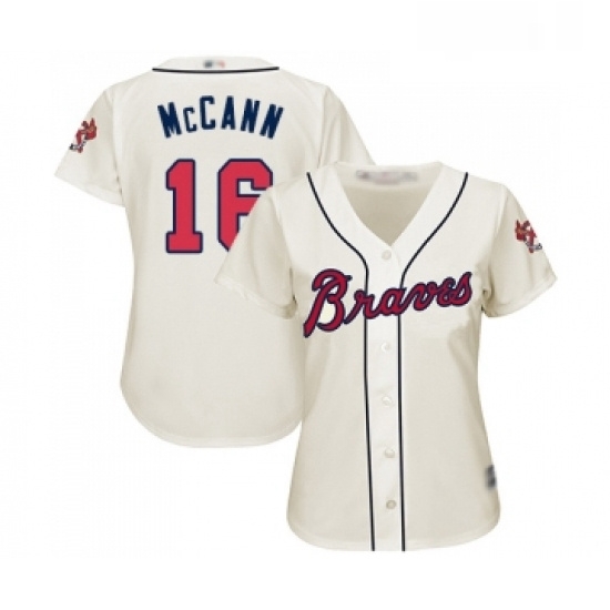 Womens Atlanta Braves 16 Brian McCann Replica Cream Alternate 2 Cool Base Baseball Jersey Womens Atlanta Braves 16 Brian McCann Replica Cream Alternate 2 Cool Base Baseball Jersey