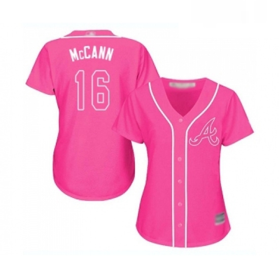 Womens Atlanta Braves 16 Brian McCann Replica Pink Fashion Cool Base Baseball Jersey 