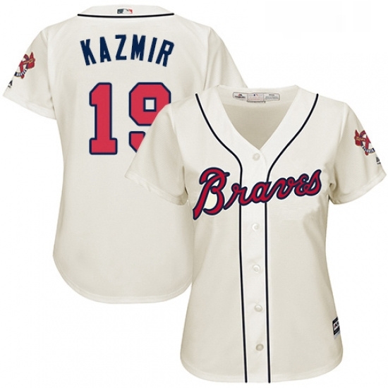 Womens Majestic Atlanta Braves 19 Scott Kazmir Authentic Cream Alternate 2 Cool Base MLB Jersey Womens Majestic Atlanta Braves 19 Scott Kazmir Authentic Cream Alternate 2 Cool Base MLB Jersey
