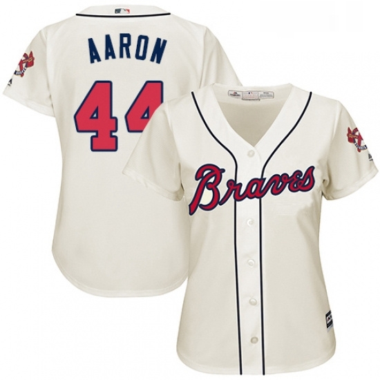 Womens Majestic Atlanta Braves 44 Hank Aaron Replica Cream Alternate 2 Cool Base MLB Jersey Womens Majestic Atlanta Braves 44 Hank Aaron Replica Cream Alternate 2 Cool Base MLB Jersey