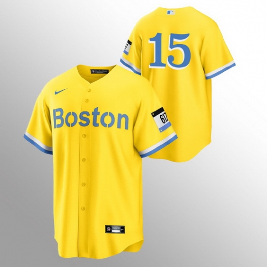 Men Boston Red Sox 15 Dustin Pedroia Men Nike 2021 City Connect Gold Fans Version MLB Jersey No Name Men Boston Red Sox 15 Dustin Pedroia Men Nike 2021 City Connect Gold Fans Version MLB Jersey No Name