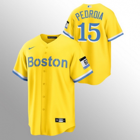 Men Boston Red Sox 15 Dustin Pedroia Men Nike 2021 City Connect Gold Fans Version MLB Jersey Men Boston Red Sox 15 Dustin Pedroia Men Nike 2021 City Connect Gold Fans Version MLB Jersey