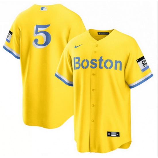 Men Boston Red Sox 5 Enrique Hernandez Nike Gold Light Blue 2021 City Connect Jersey Men Boston Red Sox 5 Enrique Hernandez Nike Gold Light Blue 2021 City Connect Jersey