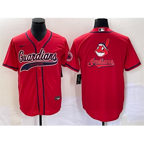 Men Cleveland Guardians Red Team Big Logo With Patch Cool Base Stitched Baseball Jersey Men Cleveland Guardians Red Team Big Logo With Patch Cool Base Stitched Baseball Jersey