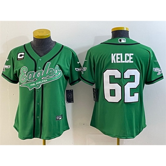 Women Philadelphia Eagles 62 Jason Kelce Green With 4 Star C Patch Cool Base Stitched Baseball Jersey 28Run Small 29
