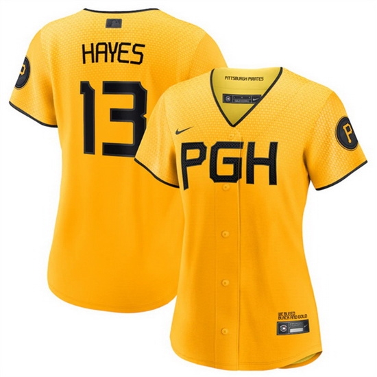 Women Pittsburgh Pirates 13 Ke 27Bryan Hayes Gold 2023 City Connect Stitched Jersey Women Pittsburgh Pirates 13 Ke 27Bryan Hayes Gold 2023 City Connect Stitched Jersey
