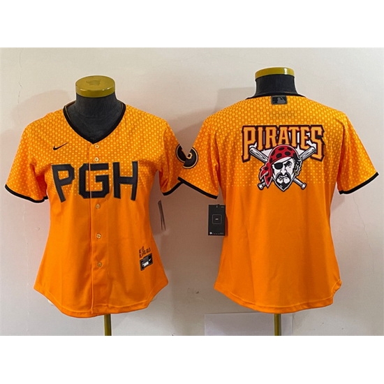 Women Pittsburgh Pirates Gold 2023 City Connect Team Big Logo Stitched Jersey Women Pittsburgh Pirates Gold 2023 City Connect Team Big Logo Stitched Jersey
