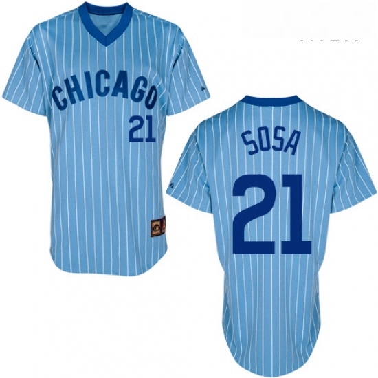 Mens Majestic Chicago Cubs 21 Sammy Sosa Replica BlueWhite Strip Cooperstown Throwback MLB Jersey Mens Majestic Chicago Cubs 21 Sammy Sosa Replica BlueWhite Strip Cooperstown Throwback MLB Jersey