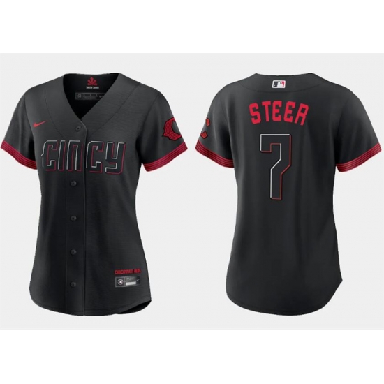Women Cincinnati Reds 7 Spencer Steer Black 2023 City Connect Stitched Baseball Jersey 28Run Small 29 Women Cincinnati Reds 7 Spencer Steer Black 2023 City Connect Stitched Baseball Jersey 28Run Small 29