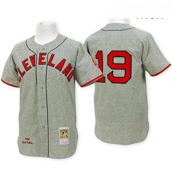 Mens Mitchell and Ness Cleveland Indians 19 Bob Feller Replica Grey Throwback MLB Jersey Mens Mitchell and Ness Cleveland Indians 19 Bob Feller Replica Grey Throwback MLB Jersey