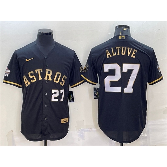 Men Houston Astros 27 Jose Altuve Black Gold 2022 World Series Stitched Baseball Jersey Men Houston Astros 27 Jose Altuve Black Gold 2022 World Series Stitched Baseball Jersey