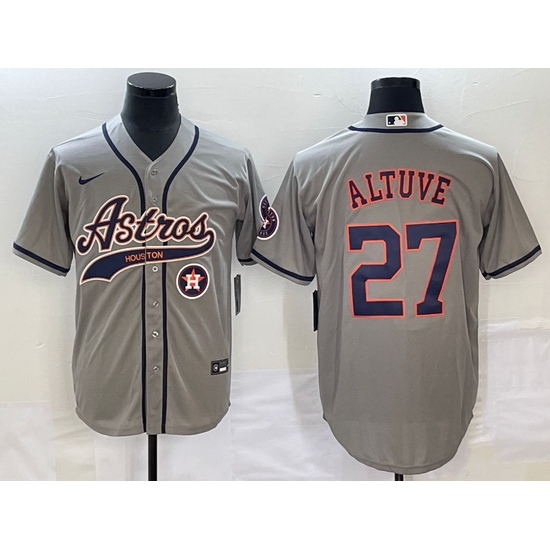Men Houston Astros 27 Jose Altuve Gray With Patch Cool Base Stitched Baseball Jersey Men Houston Astros 27 Jose Altuve Gray With Patch Cool Base Stitched Baseball Jersey