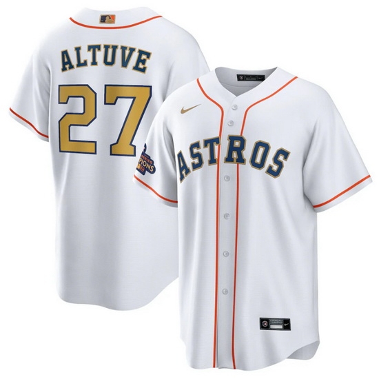 Men Houston Astros 27 Jose Altuve White 2023 Gold Collection With World Serise Champions Patch Cool Base Stitched Baseball Jersey Men Houston Astros 27 Jose Altuve White 2023 Gold Collection With World Serise Champions Patch Cool Base Stitched Baseball Jersey