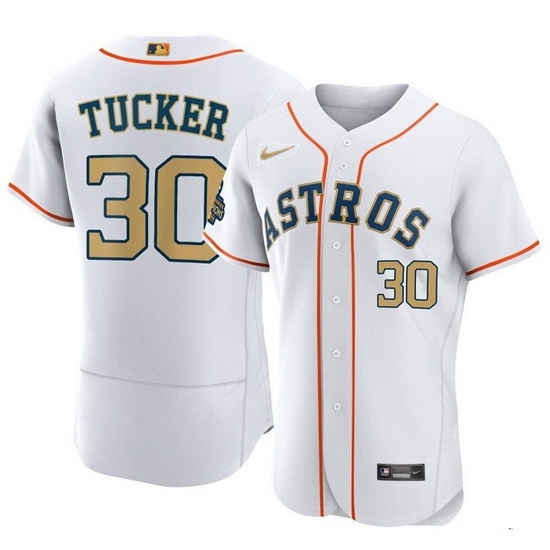 Men Houston Astros 30 Kyle Tucker White 2023 Gold Collection With World Serise Champions Patch Stitched Baseball Jersey Men Houston Astros 30 Kyle Tucker White 2023 Gold Collection With World Serise Champions Patch Stitched Baseball Jersey