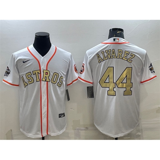 Men Houston Astros 44 Yordan Alvarez White Gold 2022 World Series Stitched Baseball Jersey Men Houston Astros 44 Yordan Alvarez White Gold 2022 World Series Stitched Baseball Jersey