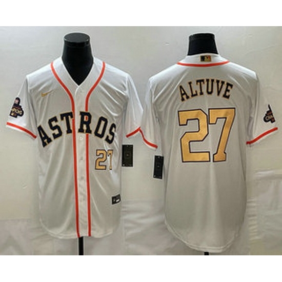 Men's Houston Astros #27 Jose Altuve Number 2023 White Gold World Serise Champions Patch Cool Base Stitched Jerseys Men's Houston Astros #27 Jose Altuve Number 2023 White Gold World Serise Champions Patch Cool Base Stitched Jerseys