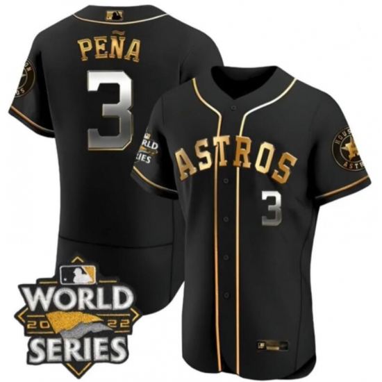 Men's Houston Astros #3 Jeremy Pena Black Gold 2022 World Series Patch Jersey Men's Houston Astros #3 Jeremy Pena Black Gold 2022 World Series Patch Jersey