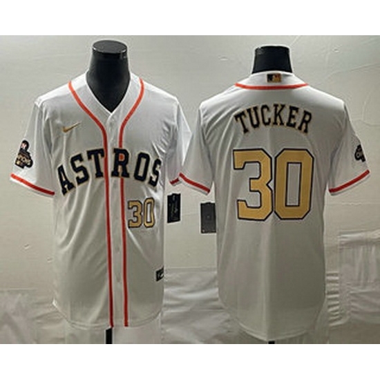 Men's Houston Astros #30 Kyle Tucker Number 2023 White Gold World Serise Champions Patch Cool Base Stitched Jersey1 Men's Houston Astros #30 Kyle Tucker Number 2023 White Gold World Serise Champions Patch Cool Base Stitched Jersey1