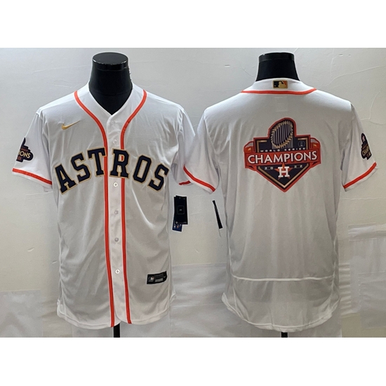 Men's Houston Astros Big Logo 2023 White Gold World Serise Champions Patch Flex Base Stitched Jersey Men's Houston Astros Big Logo 2023 White Gold World Serise Champions Patch Flex Base Stitched Jersey