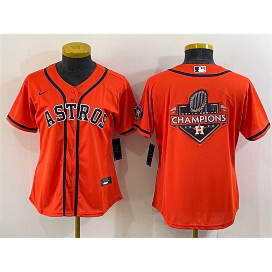 Women Houston Astros Orange 2022 World Series Champions Team Big Logo With Patch Cool Base Stitched Baseball Jersey Women Houston Astros Orange 2022 World Series Champions Team Big Logo With Patch Cool Base Stitched Baseball Jersey