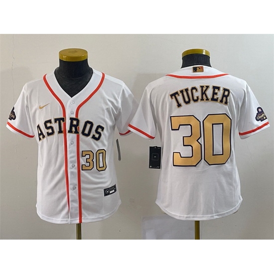 Youth Houston Astros 30 Kyle Tucker White 2023 Gold Collection With World Serise Champions Patch Stitched Baseball Jersey Youth Houston Astros 30 Kyle Tucker White 2023 Gold Collection With World Serise Champions Patch Stitched Baseball Jersey