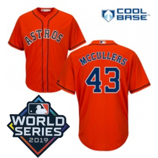 Youth Majestic Houston Astros 43 Lance McCullers Orange Alternate Cool Base Sitched 2019 World Series Patch Jersey Youth Majestic Houston Astros 43 Lance McCullers Orange Alternate Cool Base Sitched 2019 World Series Patch Jersey