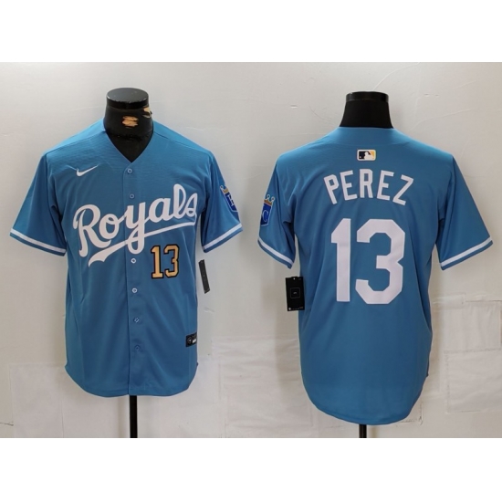 Men Kansas City Royals 13 Salvador Perez Light Blue Cool Base Stitched Jersey 1 Men Kansas City Royals 13 Salvador Perez Light Blue Cool Base Stitched Jersey 1