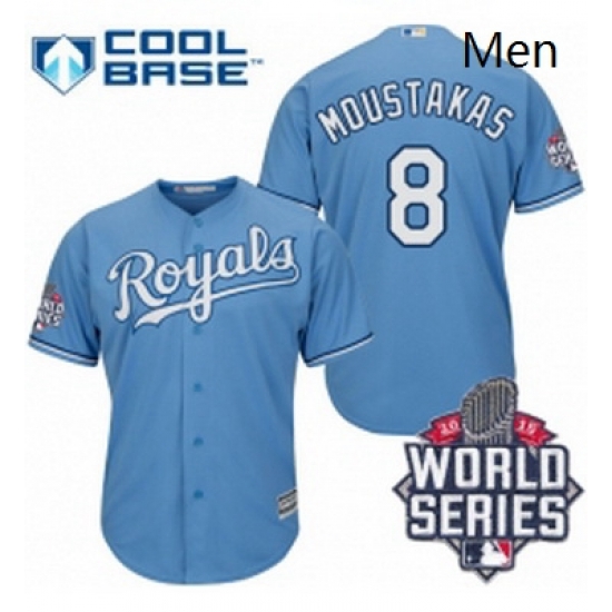 Mens Majestic Kansas City Royals 8 Mike Moustakas Authentic Light Blue Alternate 1 Cool Base 2015 World Series Mens Majestic Kansas City Royals 8 Mike Moustakas Authentic Light Blue Alternate 1 Cool Base 2015 World Series