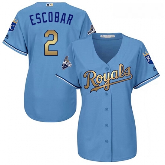 Womens Majestic Kansas City Royals 2 Alcides Escobar Authentic Light Blue 2015 World Series Champions Gold Program Cool Base MLB Jersey Womens Majestic Kansas City Royals 2 Alcides Escobar Authentic Light Blue 2015 World Series Champions Gold Program Cool Base MLB Jersey