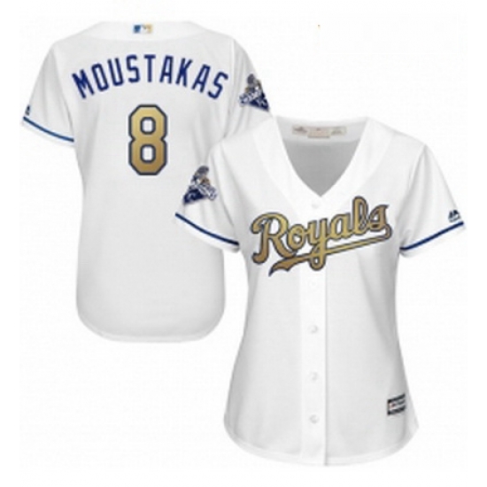 Womens Majestic Kansas City Royals 8 Mike Moustakas Authentic White 2015 World Series Champions Gold Program Cool Base MLB Jersey Womens Majestic Kansas City Royals 8 Mike Moustakas Authentic White 2015 World Series Champions Gold Program Cool Base MLB Jersey